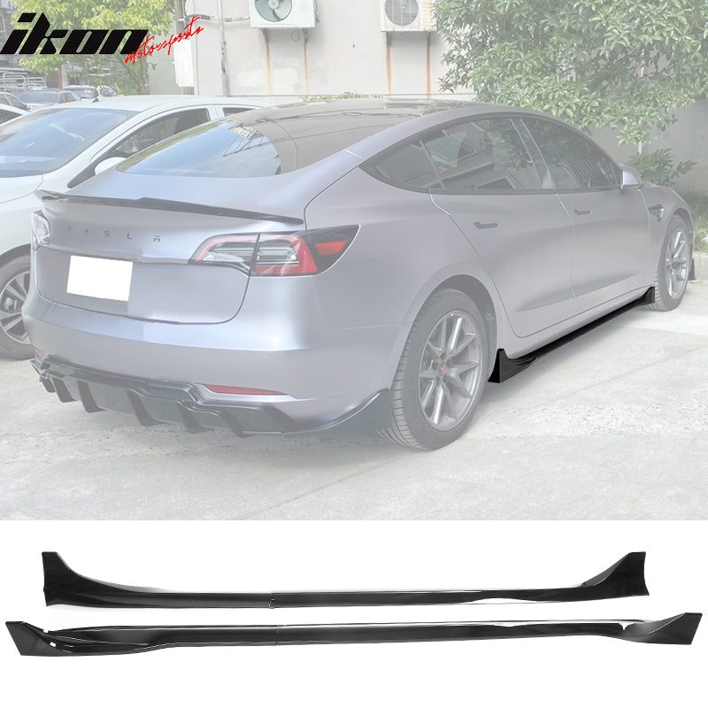 IKON MOTORSPORTS, Side Skirts Compatible With 2017-2022 Tesla Model 3, ABS Plastic IKON Style Side Skirt Extension Rocker Panel 4PCS, 2018 2019 2020