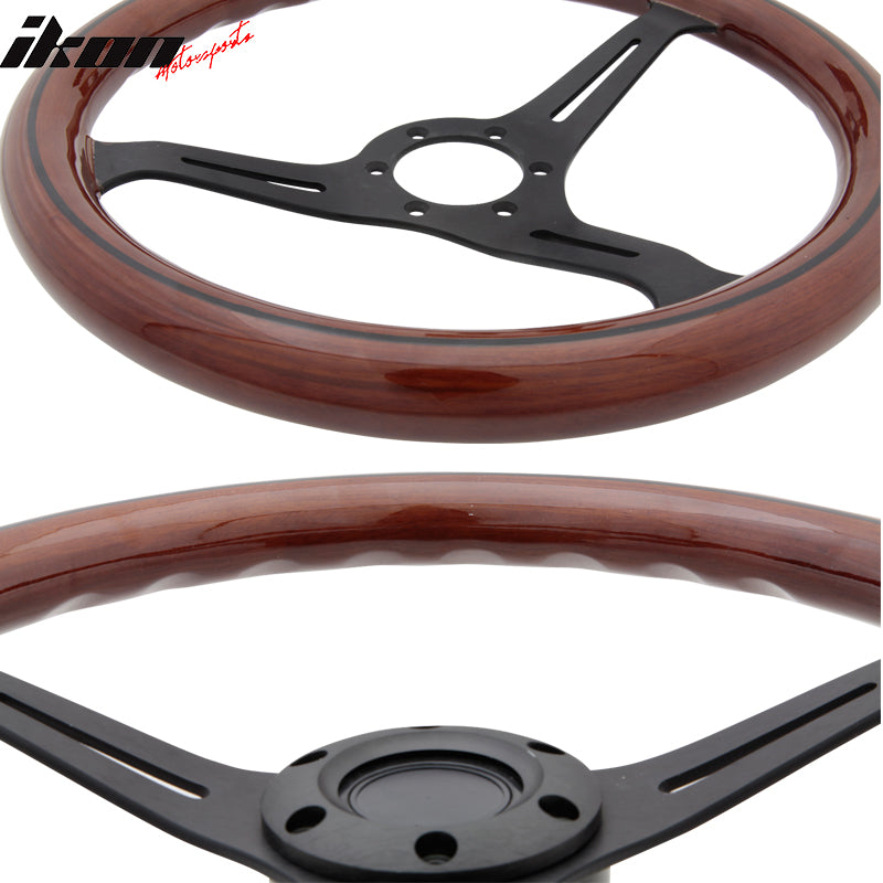 Universal Wood Grain 6-Bolt Wooden Steering Wheel 350MM Black Trim Horn Button