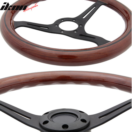 Universal Wood Grain 6-Bolt Wooden Steering Wheel 350MM Black Trim Horn Button