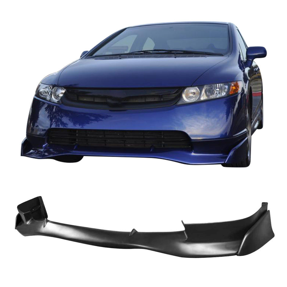 IKON MOTORSPORTS, Front Bumper Lip + Rear Bumper Lip with Light + Pair Side Skirts Compatible With 2006-2008 Honda Civic Sedan