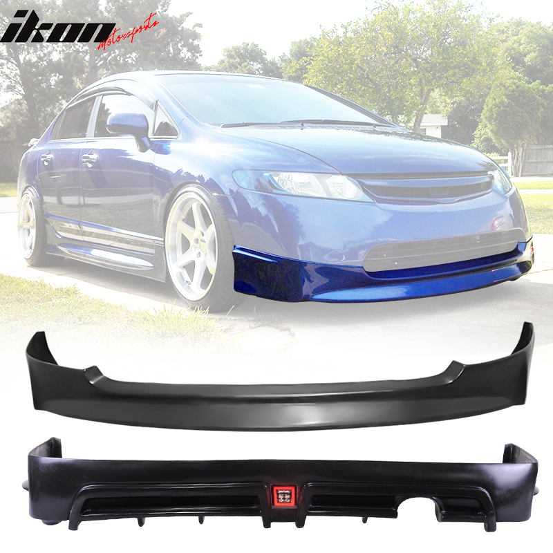 IKON MOTORSPORTS, Front Bumper Lip + Rear Bumper Lip with Light + Pair Side Skirts Compatible With 2006-2008 Honda Civic Sedan