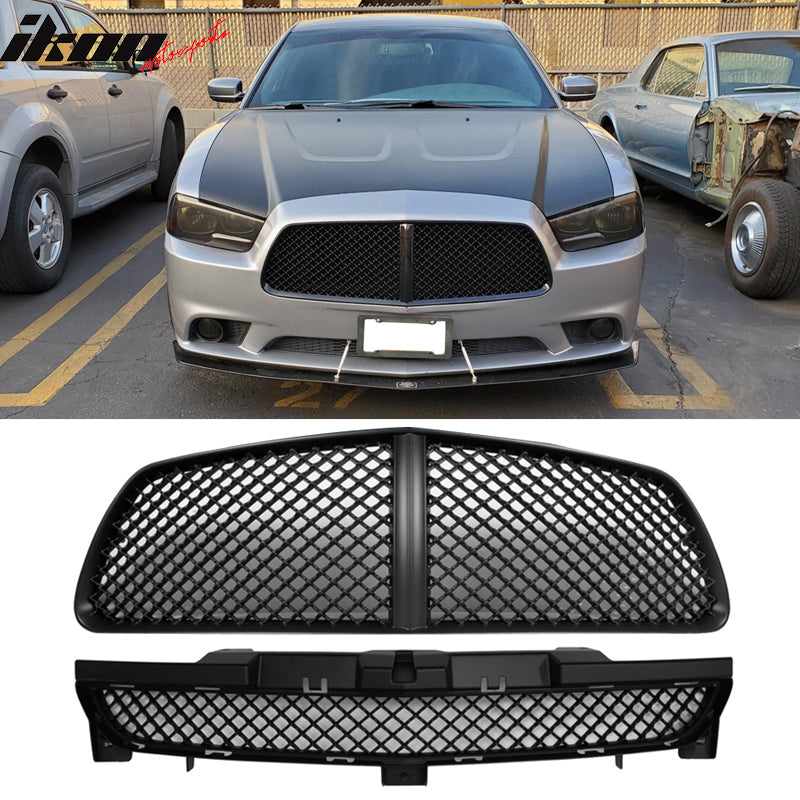 Fits 11-14 Dodge Charger Front Upper / Bottom Black Mesh Hood Grille