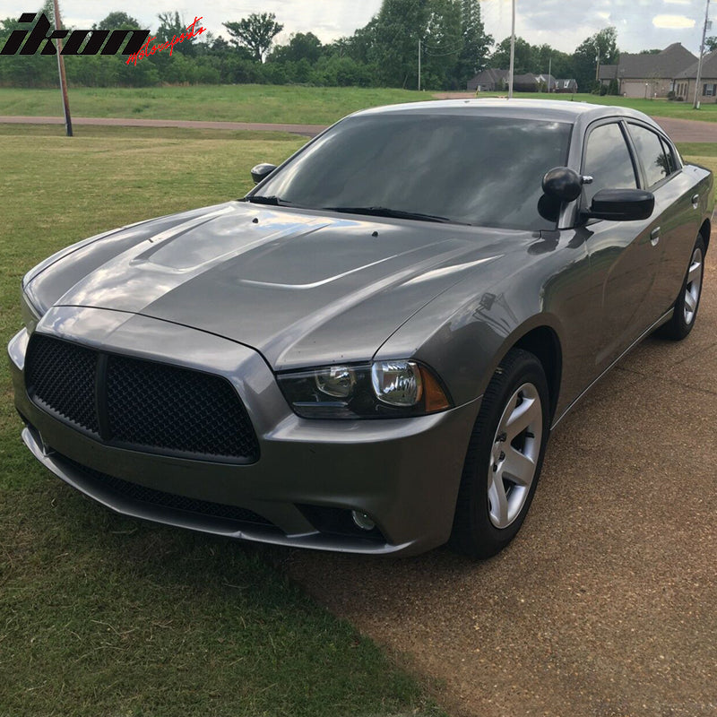 Grille Compatible With 2011-2014 Dodge Charger, Front Upper & Bottom Black Mesh Hood Grilleby IKON MOTORSPORTS,  2012 2013