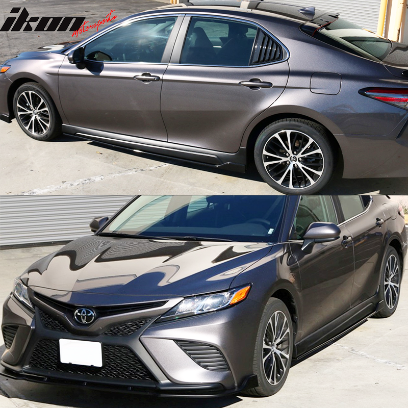 Side Skirts Compatible With 2018-2024 Toyota Camry, IKON Style PP Matte Black & Carbon Fiber Print Side Extensions Bottom Line Protector By IKON MOTORSPORTS