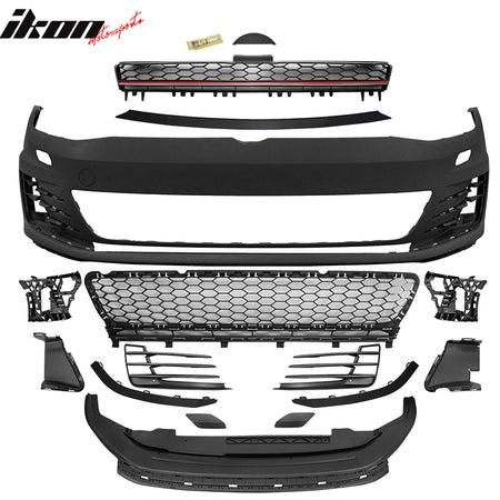 Front Bumper Cover + Mesh Grille Compatible With 2015-2017 Volkswagen Golf 7, MK7 GTI Type Front Bumper Cover Conversion Black Red Grille Guard Trim by IKON MOTORSPORTS, 2016