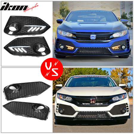 IKON MOTORSPORTS Front Bumper + Grille + DRL Lights Compatible With 2016-2018 Honda Civic, TR Black PP Injection & ABS Hood Bull Protection Boykits