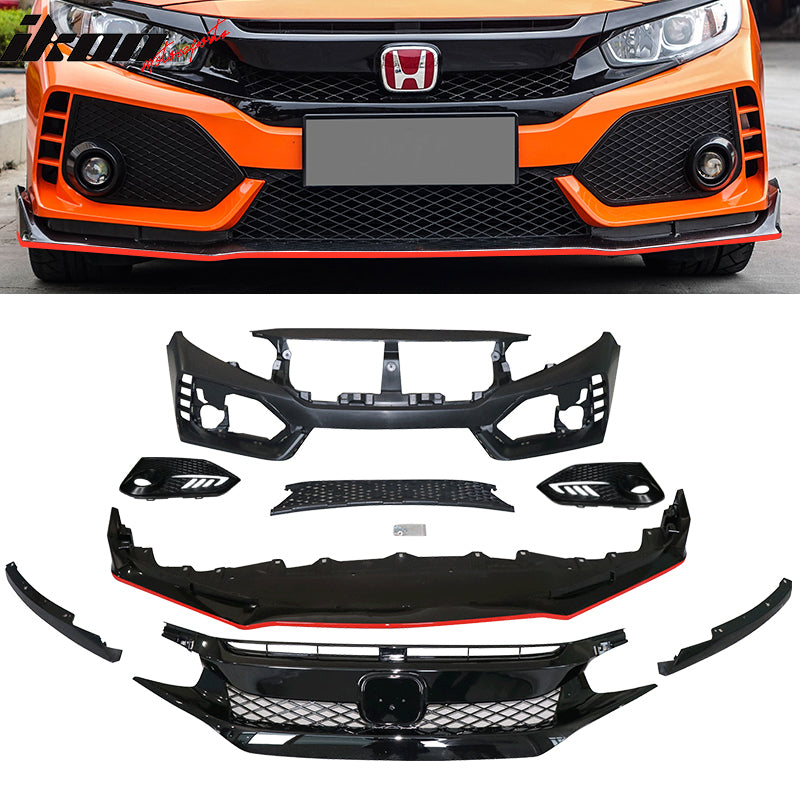 Fits 16-18 Honda Civic Type-R Style Front Bumper + Grille + Lip + Foglight Cover