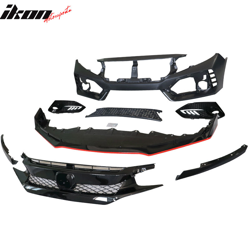 Fits 16-18 Honda Civic Type-R Style Front Bumper + Grille + Lip + Foglight Cover