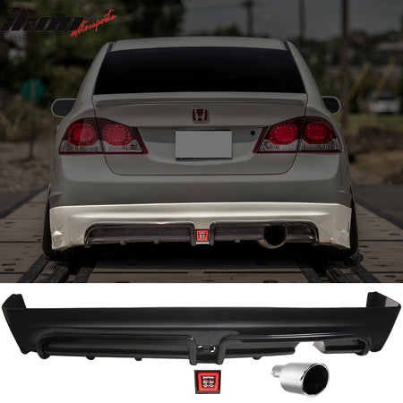 IKON MOTORSPORTS, Rear Bumper Lip + Brake Light + Muffler Tip Compatible With 2006-2011 HONDA CIVIC 4 DOOR, PP Black Rear Lip Spoiler Splitter