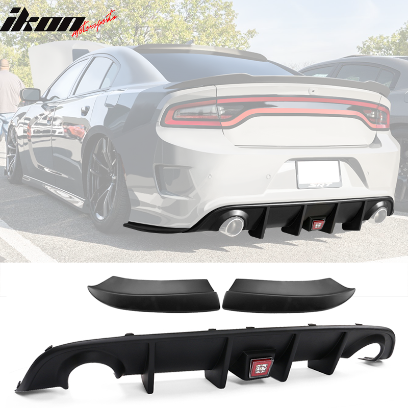 IKON MOTORSPORTS, Compatible With 15-23 Dodge Charger SRT Rear Bumper Diffuser Valance Side Aprons W/ Brake Light Lamp