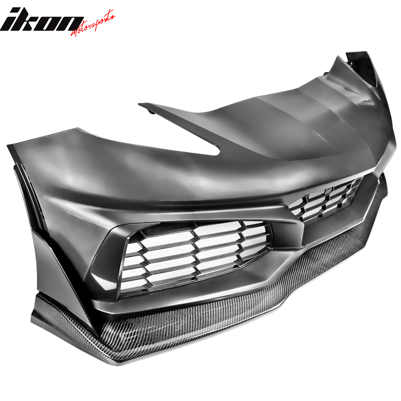 IKON MOTORSPORTS, Front Bumper Cover Guard Compatible With 2014-2019 Chevy Corvette C7 (Except ZR1 Models), ZR1 Style PP Bumper Conversion w/ CF Front Lip