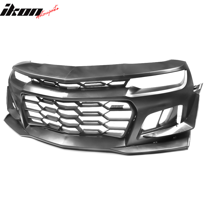 IKON MOTORSPORTS Front Bumper Compatible With 2014-2015 Chevy Camaro, 1LE Style Black PP Bumper Cover with Grille + Bottom Lip + Foglight Cover