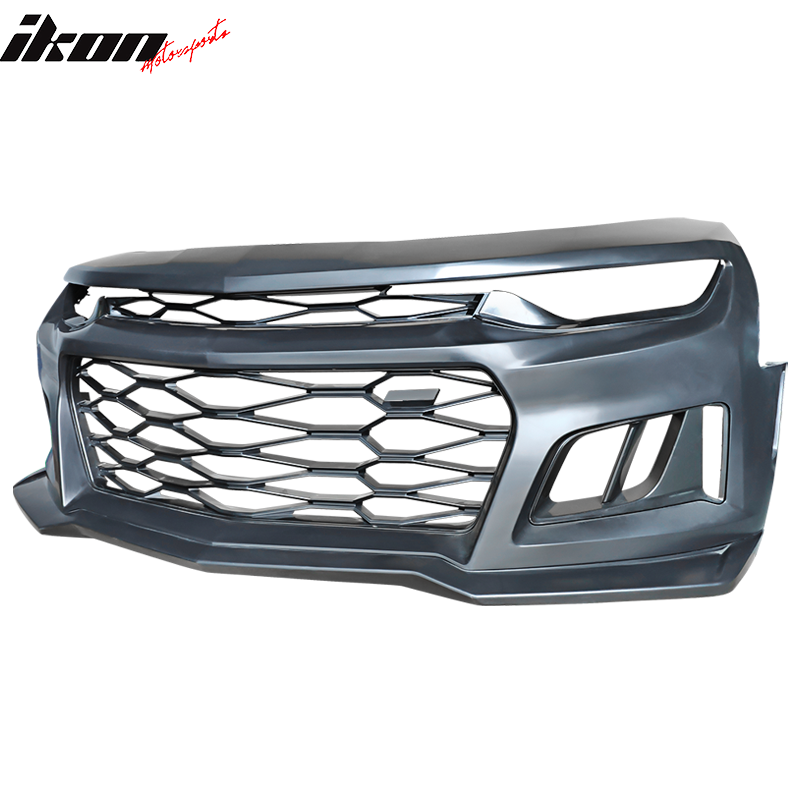 IKON MOTORSPORTS, Front Bumper Compatible With 2019-2024 Chevy Camaro W/Signature Headlights (Not Fits ZL1), Unpainted Black PP Bumper Cover Conversion Guard W/Lip Grille Grill Bodykit Replacement