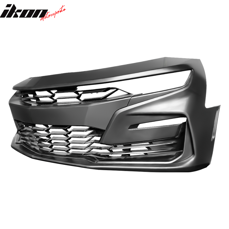 IKON MOTORSPORTS, Front Bumper Compatible With 2019-2024 Camaro LT/LS/RS/SS w/ Signature Headlights, Not Fit ZL1, SS Style Unpainted Black PP Bumper Cover Conversion Guard Bodykit Replacement W/O Lip