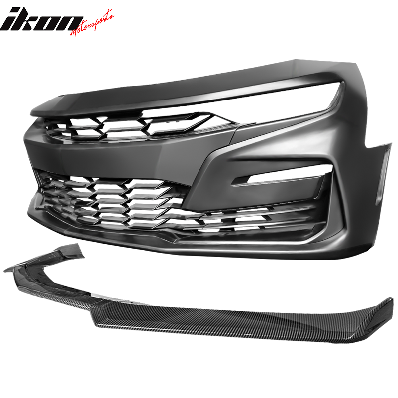 IKON MOTORSPORTS, Front Bumper Compatible With 2019-2024 Chevy Camaro LT/LS/RS/SS, SS Style Unpainted Bumper Cover Conversion Guard PP With Carbon Fiober Print CFL Front Bumper Lip Bodykit ABS