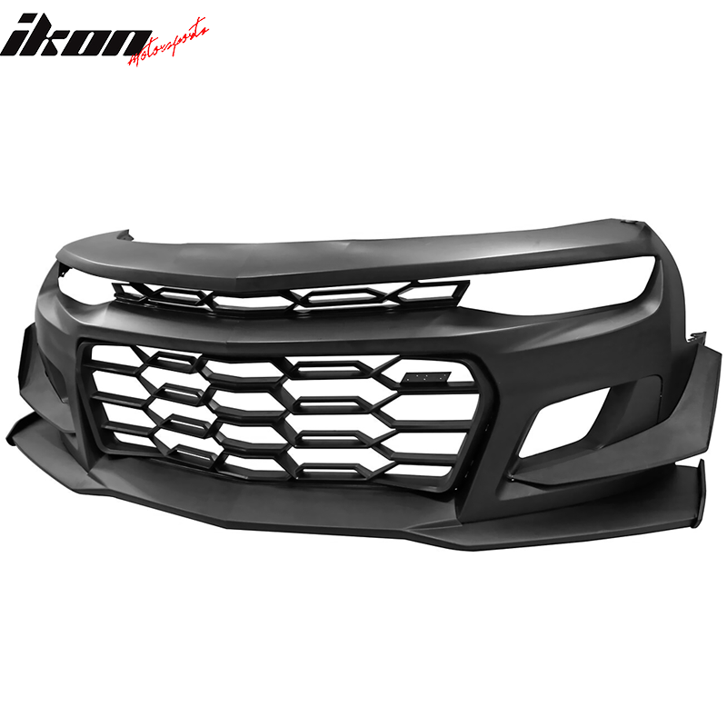 IKON MOTORSPORTS, Front Bumper Cover Compatible With 2019-2024 Chevy Camaro w/ Signature Headlights, 1LE Style Unpainted Black PP Bumper Cover Conversion Guard W/Lip Grille Grill Bodykit Replacement