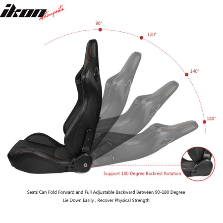 Universal 2PC Reclinable Racing Seat Dual Slider Belt Black PU Carbon Leather