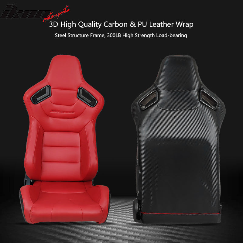 Universal Reclinable Racing Seat + Dual Slider + Cam-lock Racing Belt x2 Red PU