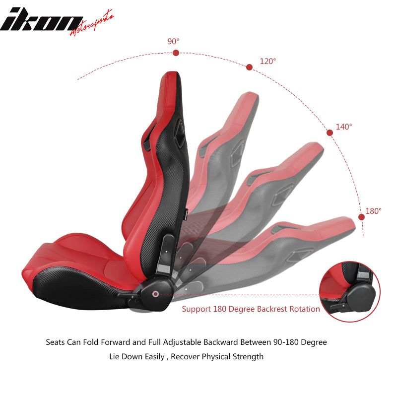 Universal Reclinable Racing Seat + Dual Slider + Cam-lock Racing Belt x2 Red PU