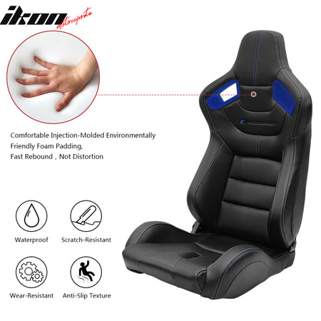 Universal Adjust Racing Seat PU Carbon Blue Bezel & Dual Slider & Buckle Belt x2