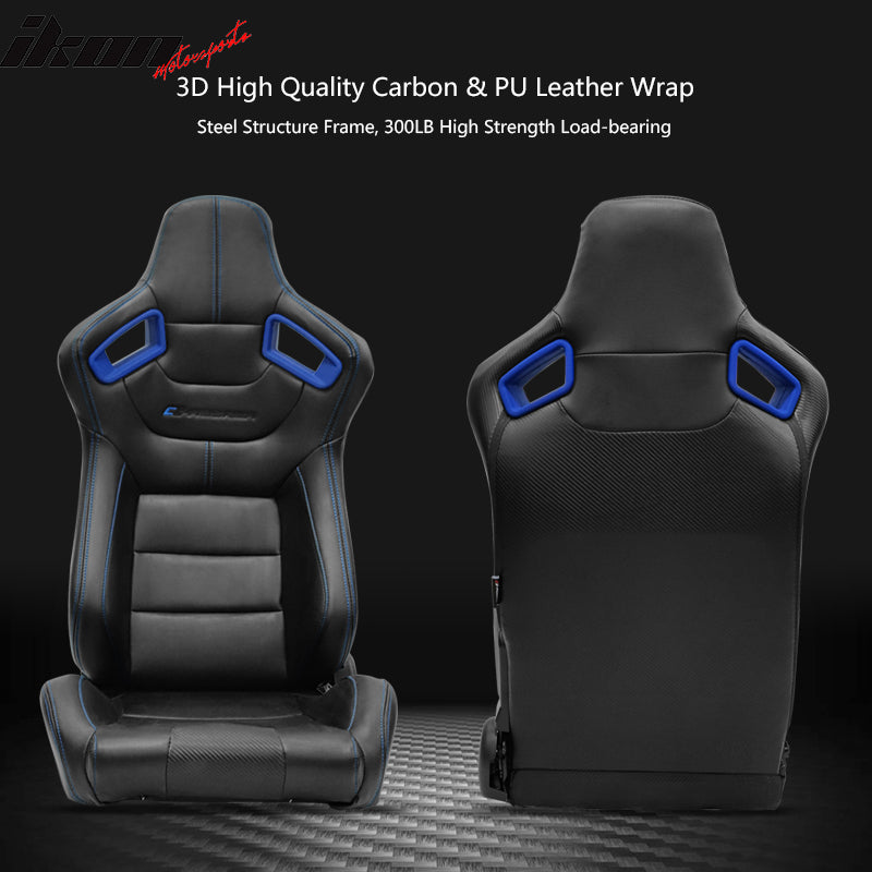 Universal Adjust Racing Seat PU Carbon Blue Bezel & Dual Slider & Buckle Belt x2