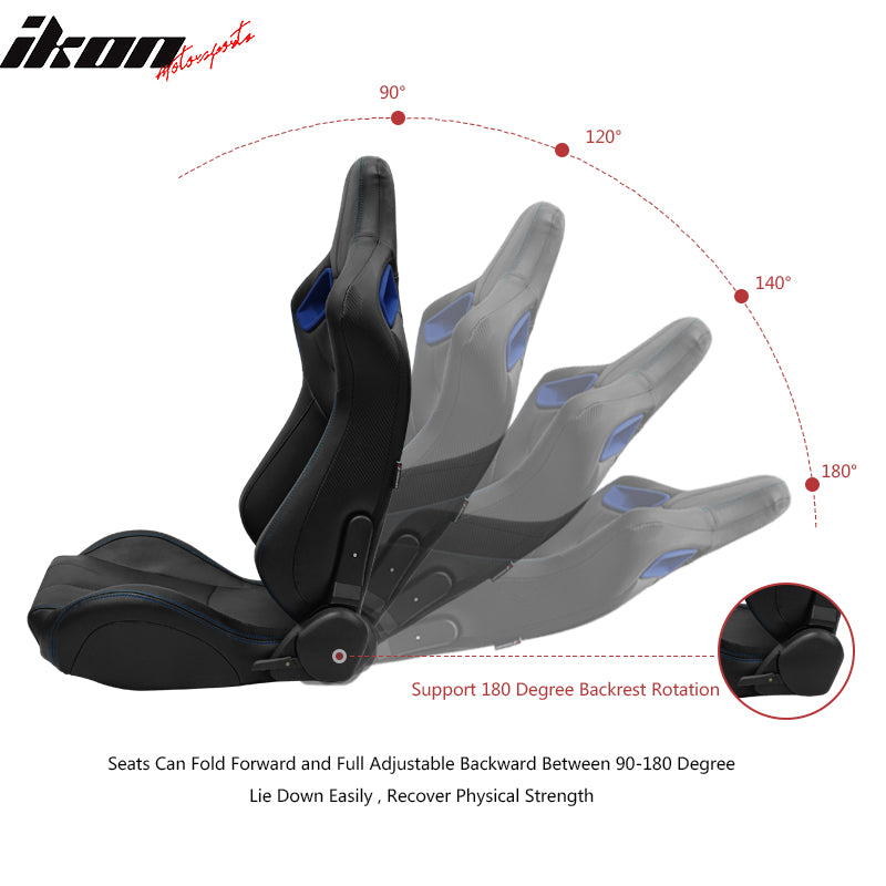 Universal Adjust Racing Seat PU Carbon Blue Bezel & Dual Slider & Buckle Belt x2