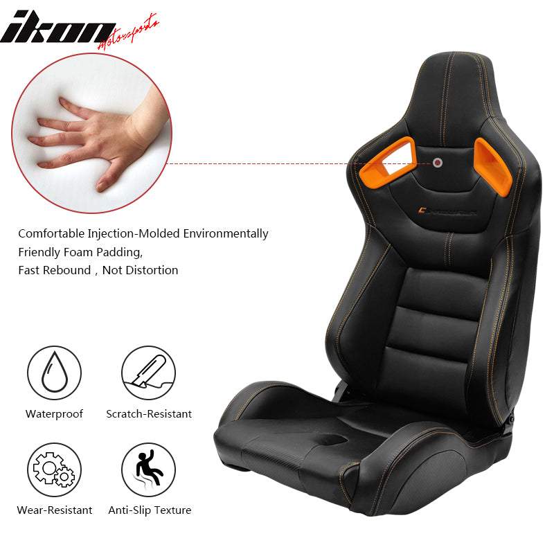 Universal Adjust Racing Seat PU Carbon Orange Bezel & Dual Slider Buckle Belt x2