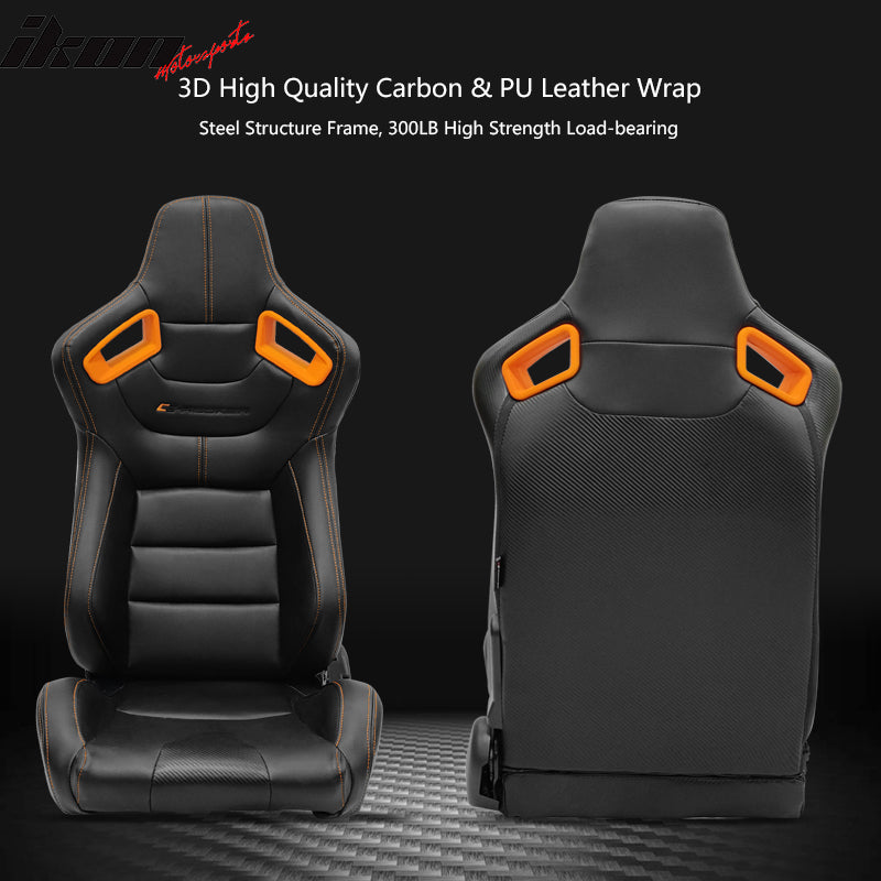 Universal Adjust Racing Seat PU Carbon Orange Bezel & Dual Slider Buckle Belt x2