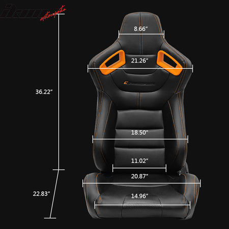 Universal Adjust Racing Seat PU Carbon Orange Bezel & Dual Slider Buckle Belt x2