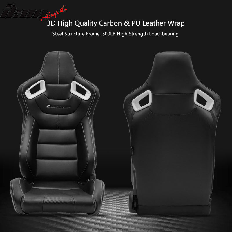 Universal Adjust Racing Seat PU Carbon White Bezel & Dual Slider Buckle Belt x2