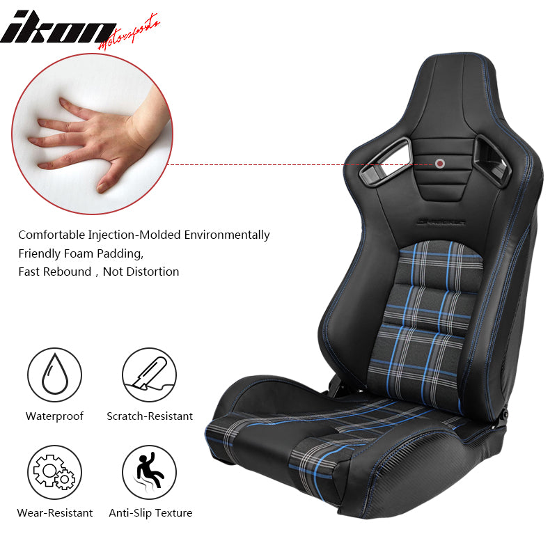 Universal Recline Racing Seat PU Carbon Blue Plaid & Dual Slider Buckle Belt x2