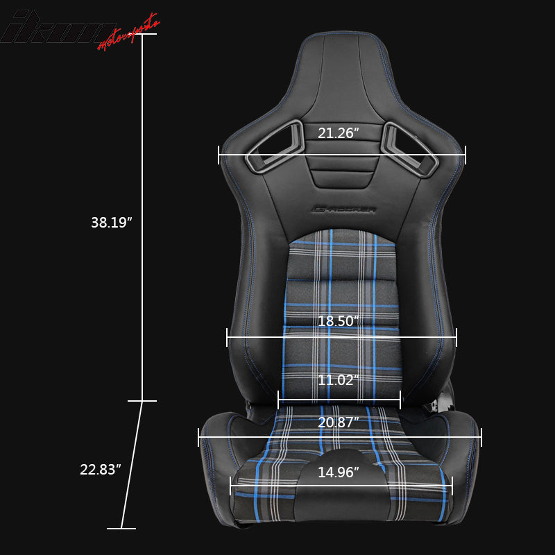 Universal Recline Racing Seat PU Carbon Blue Plaid &Dual Slider Cam-lock Belt x2