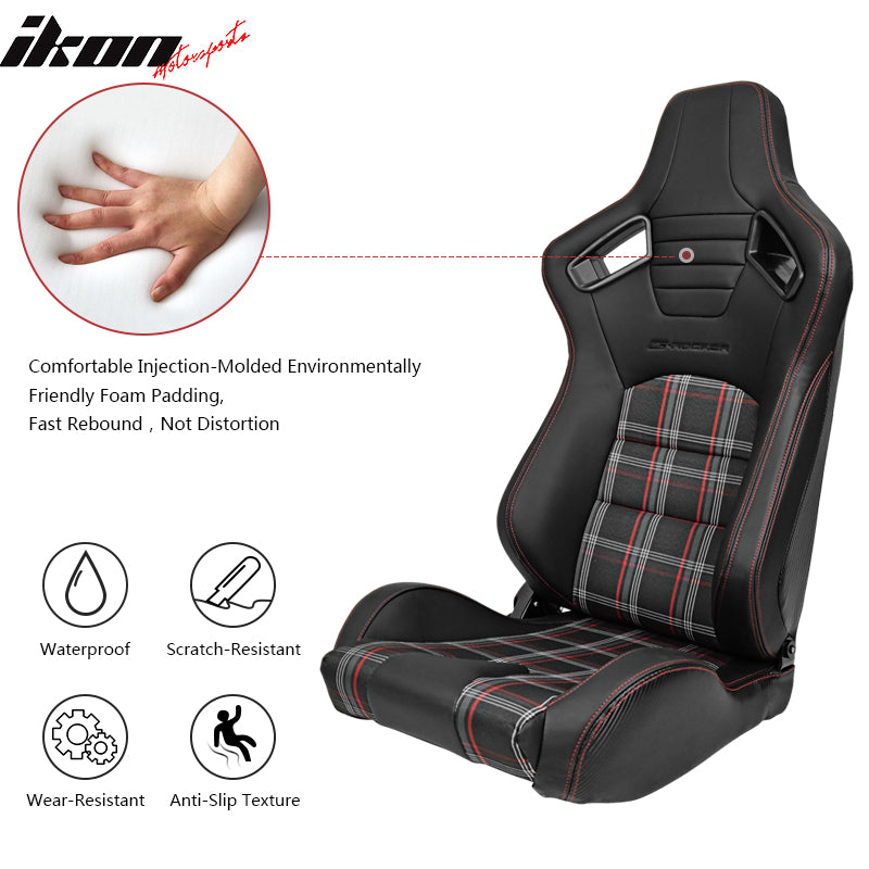 Universal Recline Racing Seat PU Carbon Red Plaid & Dual Slider Cam-lock Belt x2