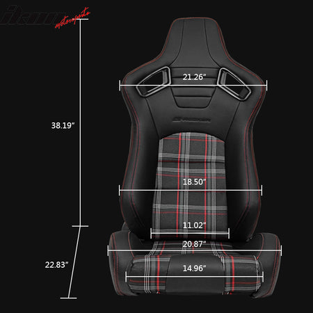 Universal Recline Racing Seat PU Carbon Red Plaid & Dual Slider Cam-lock Belt x2