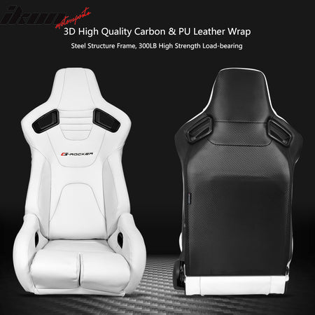 Universal Recline Bucket Racing Seat White PU & Dual Slider Buckle Style Belt x2