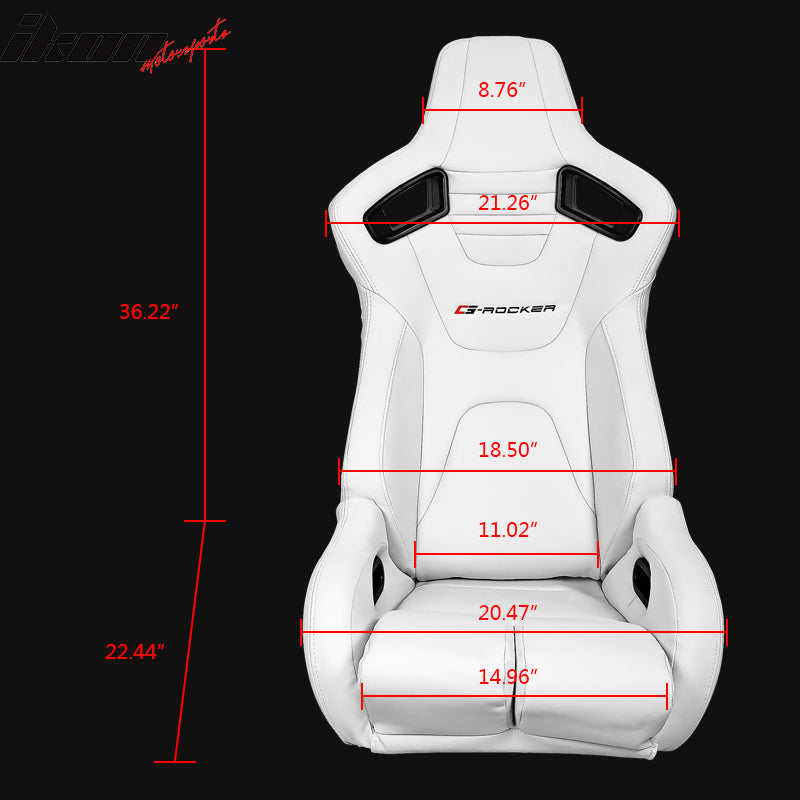 Universal Recline Bucket Racing Seat White PU & Dual Slider Buckle Style Belt x2