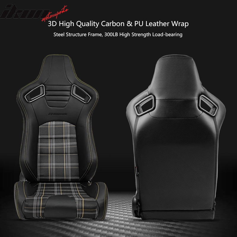 Universal Recline Racing Seat PU Carbon Yellow Plaid &Dual Slider Buckle Belt x2