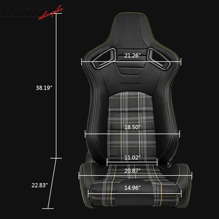 Universal Recline Racing Seat PU Carbon Yellow Plaid &Dual Slider Buckle Belt x2