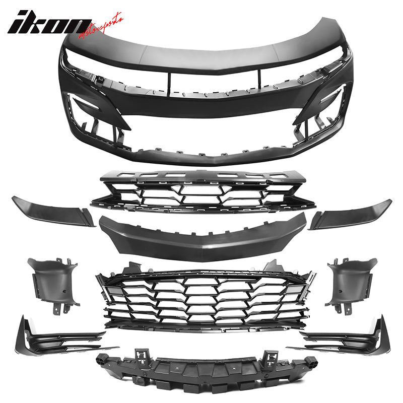 IKON MOTORSPORTS, Front Bumper Cover Compatible With 2019-2024 Camaro LS LT1 (Not Fit ZL1/Model w/ Signature Headlight), 19 SS Style Unpainted Black PP Bumper Conversion Guard Bodykit