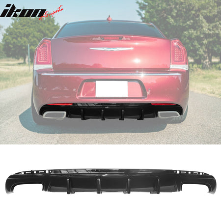 IKON MOTORSPORTS, Rear Diffuser Compatible With 2015-2023 Chrysler 300, PP Rear Lower Valance Bumper Lip With Shark Fin Splitter Part 2pc Set, 2016 2017 2018 2019 2020 2021