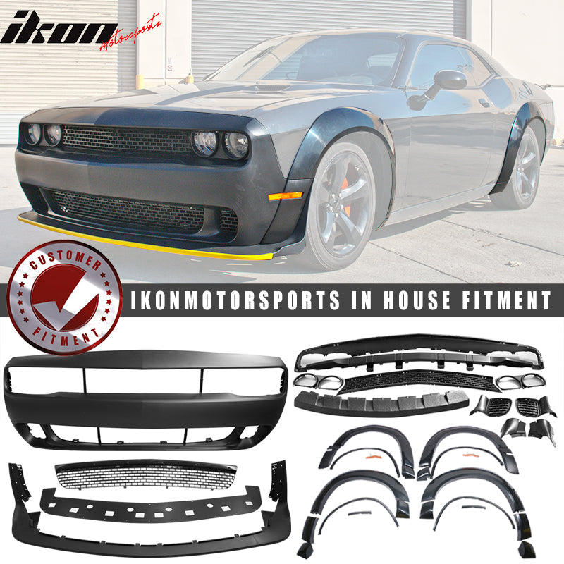 IKON MOTORSPORTS, Rear+Front Bumper Cover+Lip+Diffuser+Fender Flare Compatible With 2008-2014 Dodge Challenger, PP 2015+ SRT Hellcat Rear Bumper+Demon Front Lip&Fender Flares+V4 Matte Black Diffuser