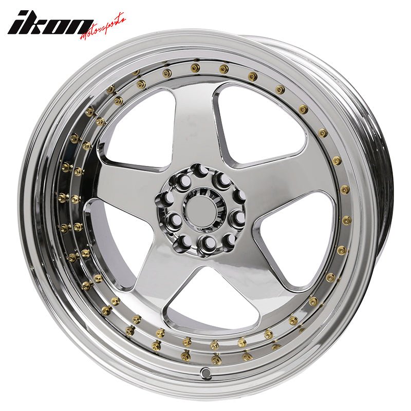 IKON MOTORSPORTS, (4) 18X10 +30 5X100 / 5X114.3 Step Lip 5 Spoke Wheels Rim Replacement for Acura Audi Chevy Chrysler Dodge Ford Genesis Hyundai Infiniti, Full Platinum + Gold Rivets