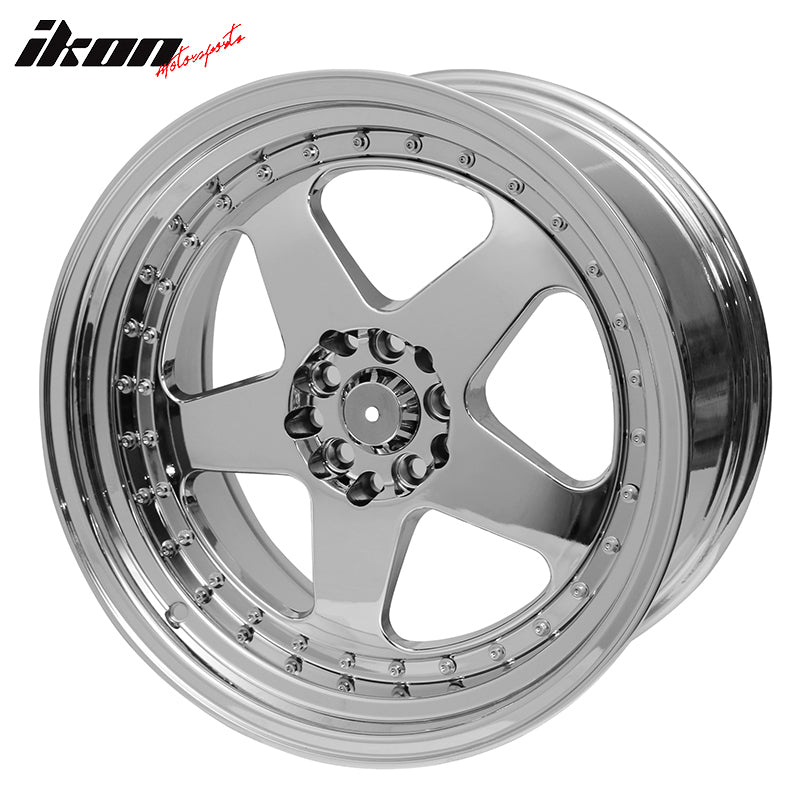 IKON MOTORSPORTS, (4) 18X9.0 +30 5X100 / 5X114.3 Step Lip 5 Spoke Wheels Rim Replacement for Nissan Saab Scion Subaru Tesla Toyota VW, Full Platinum + Chrome Rivets