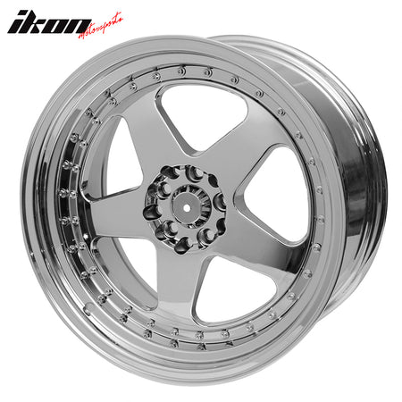 IKON MOTORSPORTS, (4) 18X9.0 +30 5X100 / 5X114.3 Step Lip 5 Spoke Wheels Rim Replacement for Nissan Saab Scion Subaru Tesla Toyota VW, Full Platinum + Chrome Rivets