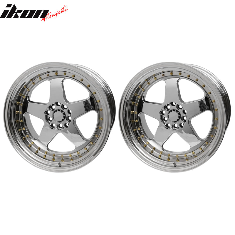 IKON MOTORSPORTS, (2) 18X9.0 +30 5X100 / 5X114.3 Step Lip 5 Spoke Wheels Rim Replacement for Most Cars, Full Platinum + Gold Rivets