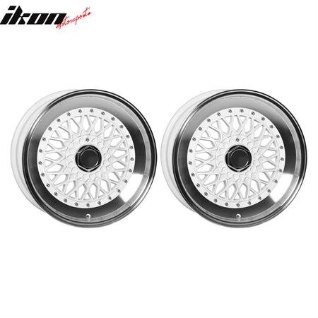 IKON MOTORSPORTS, (2) 17X8.5 +25 5X100 / 5X114.3 Step Lip Deep Dish Mesh Wheels Rim Replacement for Most Cars, White Face Machine Lip + Chrome Rivets