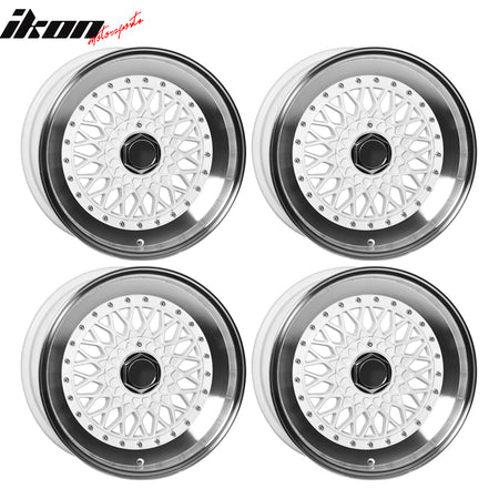 IKON MOTORSPORTS, (4) 17X8.5 +25 5X100 / 5X114.3 Step Lip Deep Dish Mesh Wheels Rim Replacement for Most Cars, White Face Machine Lip + Chrome Rivets