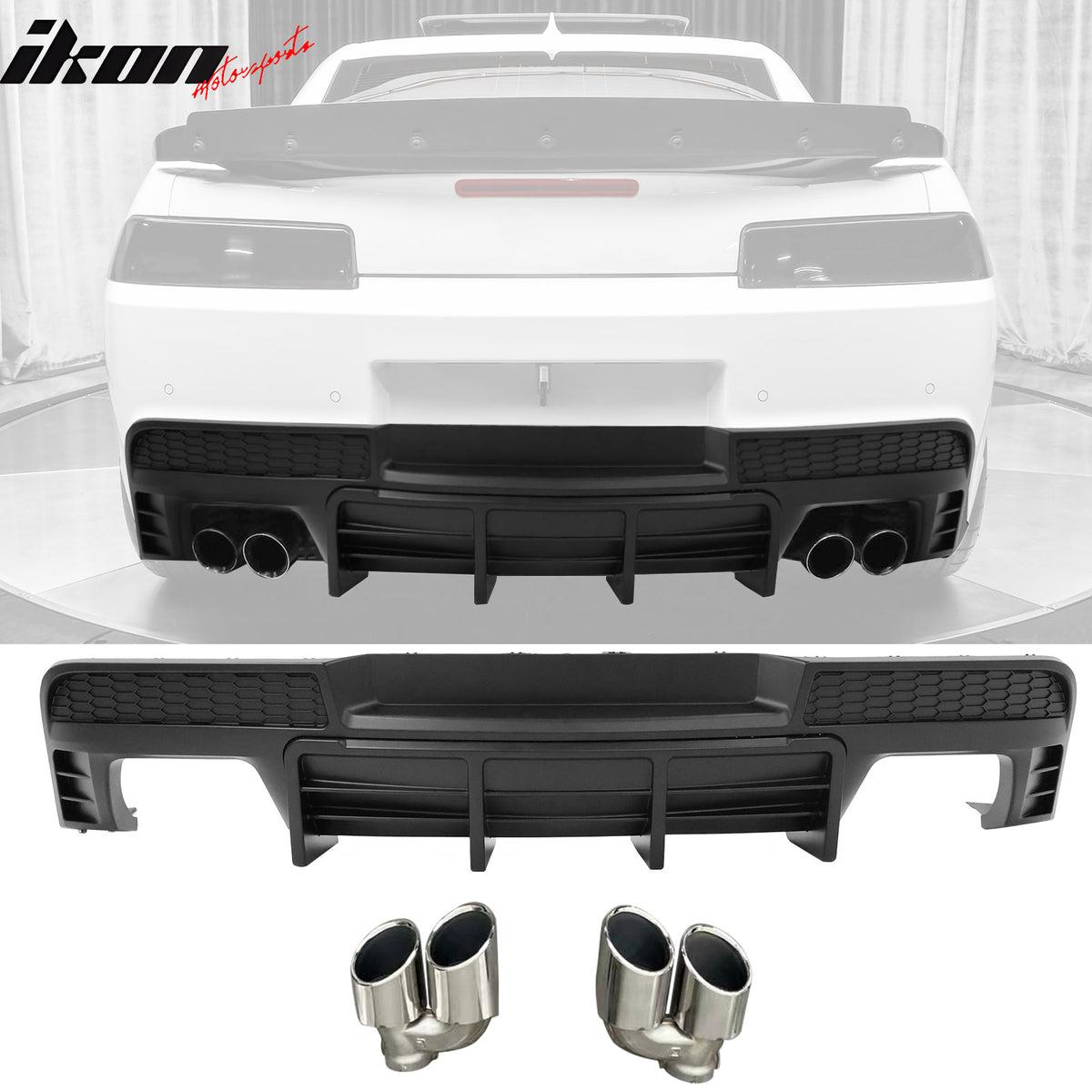 Fits 14-15 Chevy Camaro LT LS Ikon Black Rear Diffuser + Quad Exhaust Tips