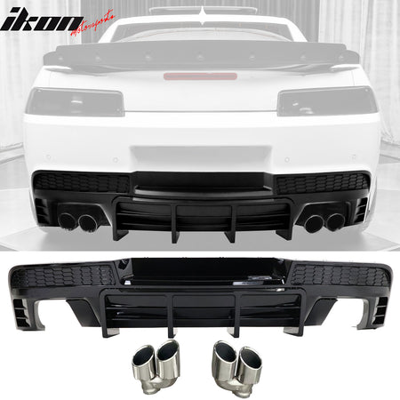 Fits 14-15 Chevy Camaro LT LS Ikon Black Rear Diffuser + Quad Exhaust Tips