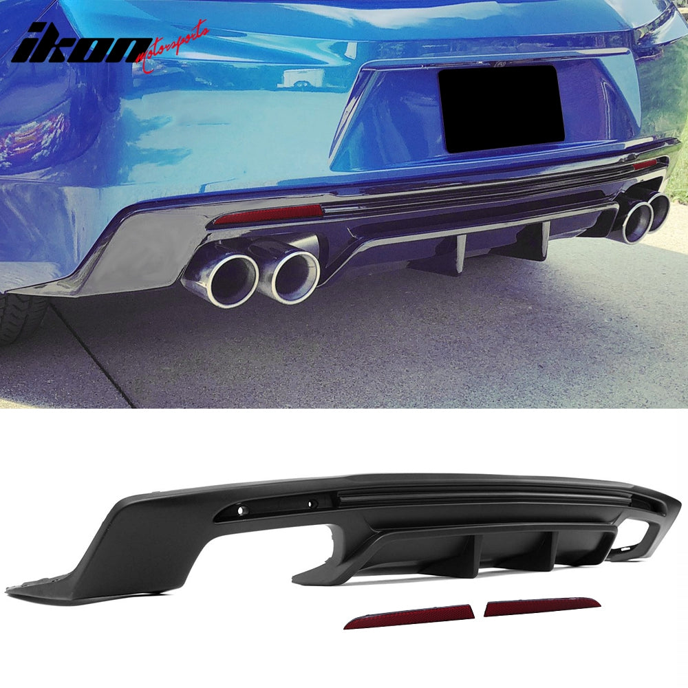 IKON MOTORSPORTS, Rear Bumper Cover & Diffuser w/ Red Reflectors Compatible With 2014-2015 Chevrolet Camaro, 6th ZL1 Style Unpainted Bumper Conversion Matte Black Rear Lip Guard Bodykit PP